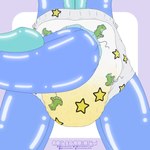 1:1 absurd_res animate_inanimate anthro bodily_fluids butt carnecalary clothed clothing diaper genital_fluids hi_res inflatable kaiju kaycee_(zoran) living_inflatable male pattern_diaper pool_toy simple_background solo tail unclean_diaper urine used_diaper wearing_diaper wet_diaper wetting