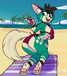 ankle_cuffs anthro beach beverage big_breasts big_butt bikini black_ears black_eyes black_hair black_nose breasts butt clothing cuff_(restraint) cuff_bracelet digital_drawing_(artwork) digital_media_(artwork) facial_markings female fur green_body green_fur hair head_markings hi_res ikaribunbun leg_markings looking_at_viewer markings open_mouth restraints shaded signature simple_background smile soda solo swimwear tail thigh_markings two-piece_swimsuit veronica_(ikaribunbun) yellow_body yellow_fur yellow_tail