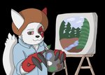 absurd_res afro alpha_channel black_eyes bob_ross brush canvas claws clothing darknetic feral fur generation_3_pokemon hi_res male nintendo painting pokemon pokemon_(species) red_body red_fur red_sclera shirt solo topwear white_body white_fur wood zangoose zangtober_2020