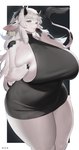 absurd_res anthro big_breasts biped black_background black_body black_fur border bovid bovine breasts cattle clothed clothing female fur hair hi_res hooves horn looking_at_viewer mammal multicolored_body multicolored_fur multicolored_tail simple_background smile solo tail white_body white_border white_fur white_hair woobin94