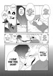 anthro canid canine clothing comic dialogue english_text female fur greyscale hair hair_over_eye hi_res human kemono lila_(kashiwagi_aki) male mammal monochrome one_eye_obstructed text translated yakantuzura zinovy