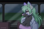 3:2 animated anthro big_breasts black_body black_fur breasts brown_eyes canid canine canis clothing female fur green_hair hair jacket mammal movement night night_time overnight short_playtime solo topwear volodyanocturne wolf