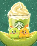 1:1 1:3 2024 :d alien ambiguous_gender ara_love_kirby beverage big_head black_eyes blue_eyes blush clothing colored container cup cutlery dessert detailed detailed_background detailed_food digital_drawing_(artwork) digital_media_(artwork) digital_painting_(artwork) duo earless food fruit glistening green_background green_body green_skin happy hat headgear headwear hi_res ice_cream ice_cream_cone interspecies japanese_text kirby kirby_(series) kitchen_utensils looking_at_viewer mammal nintendo noseless not_furry nude official_art open_mouth orange_body orange_skin painting_(artwork) pink_body pink_skin pixiv plant portrait raised_hand rosy_cheeks round_body round_eyes round_head signature simple_background small_body smile sphere_creature text textured_background tongue tongue_out tools twitter waddling_head