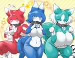 abstract_background anthro anthrofied big_breasts blue_body blue_eyes blue_fur blush breasts cheek_tuft collar collar_only cowlick facial_tuft female fin frutiger_metro fur green_body green_eyes green_fur group group_nudity hair hi_res kemono kemono_friends leg_markings looking_at_viewer lucky_beast markings medium_breasts mouthless multi_tail multicolored_body multicolored_fur navel nipples nude nude_anthro nude_female paw_pose pose pubic_mound red_body red_eyes red_fur socks_(marking) sparkles star star_accessory star_beast_(kemono_friends) striped_markings striped_tail stripes tail tail_fin tail_markings trio tuft two_tone_body two_tone_fur y2k_(graphic_design) yukaran_nosuke