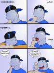 3:4 anthro backwards_baseball_cap backwards_hat baseball_cap bodily_fluids canid canine canis clothing comic coyote deep_throat dialogue duo english_text erection eyes_closed fangs fellatio fish foreskin fuze genitals hair hat headgear headwear hi_res humanoid_genitalia humanoid_penis ian_dela_cruz male male/male male_penetrated male_penetrating male_penetrating_male mammal marine moan mond_reyes oral oral_penetration penetration penile penis retracted_foreskin saliva saliva_string sex shark simple_background solo_focus teeth texnatsu text tongue