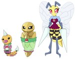 4_arms antennae_(anatomy) anthro beedrill black_eyes bottomwear breasts chrysalis clothed clothing female generation_1_pokemon group horn kakuna multi_arm multi_limb nintendo orange_body pokeball pokemon pokemon_(species) red_eyes shirt simple_background skirt spines topwear trio urusee584 weedle white_background wings yellow_body