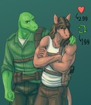 absurd_res anthro beastars blue_bottomwear blue_clothing blue_pants bottomwear brown_hair clothing crossed_arms duo equid equine ffog gosha_(beastars) green_background green_bottomwear green_clothing green_pants green_shirt green_topwear hair heart_symbol hi_res holster horse long_hair male mammal number pants retweet shirt simple_background tank_top topwear underwear white_clothing white_shirt white_tank_top white_topwear white_underwear yafya_(beastars)