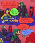 ambiguous_gender anthro argument avian beak bird bottomwear clothing comic detailed_background dialogue don't_hug_me_i'm_scared duck_guy_(dhmis) ear_tails english_text feathers green_body green_feathers group hi_res human humanoid inside mammal mullet overalls paint paper red_body red_guy_(dhmis) scar shorts sideburn_mohawk sitting speech_bubble suit_jacket tendonart text trio yellow_body yellow_guy_(dhmis) yellow_skin