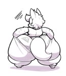 2018 ambiguous_gender anthro big_butt bottomwear butt clothing digital_drawing_(artwork) digital_media_(artwork) dragon dressing food fruit frustrated greyscale hair head_turned hi_res huge_butt huge_thighs looking_at_butt looking_at_own_butt looking_at_self looking_back maddeku melon monochrome mythological_creature mythological_scalie mythology nathan_(sphericalmae) pants plant prick_ears print scalie simple_background sketch solo tail teapot_(body_type) thick_tail thick_thighs underwear wardrobe_malfunction watermelon watermelon_pattern white_background wingless_dragon