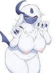 3:4 4_fingers absol anthro anthrofied areola baburusushi big_breasts biped black_body black_fur blush breasts claws curvy_figure female fingers front_view fur generation_3_pokemon genitals hi_res horn looking_at_viewer navel neck_tuft nintendo nipples nude open_mouth pink_areola pink_nipples pink_pussy pokemon pokemon_(species) portrait pussy rawr red_eyes simple_background solo standing three-quarter_portrait tuft voluptuous white_background white_body white_fur