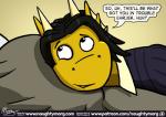 anthro big_bulge black_hair bulge clothed clothing comic dialogue dragon english_text fin hair head_fin horn male mythological_creature mythological_scalie mythology naughtymorg scales scalie stuart_(naughtymorg) text url yellow_body yellow_scales