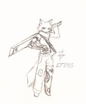 animal_humanoid anthro clothed clothing cybernetic_arm cybernetic_leg cybernetic_limb cyberpunk domestic_cat felid feline felis fur hi_res humanoid kemono looking_at_viewer male mammal scarf simple_background standing ti_cross weapon white_background white_body white_fur young young_male