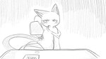 16:9 amphibian angry animal_crossing anthro blush blush_lines clothed clothing dialogue_in_description digital_drawing_(artwork) digital_media_(artwork) domestic_cat dragonweirdo exposed_shoulder fangs felid feline felis female food fries furniture greyscale hi_res hoodie mammal mole_salamander monochrome nintendo olivia_(animal_crossing) salamander slumped solo table tail teeth topwear widescreen