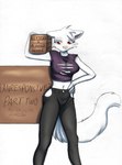 bucklesandleather96 clothing domestic_cat eyebrow_piercing facial_piercing felid feline felis female hi_res mammal piercing red_eyes solo text torn_clothing white_body