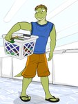 2017 alligator alligatorid anthro basket bottomwear clothed clothing container crocodilian flip_flops footwear fully_clothed fuze gabriel_(fuze) hi_res holding_basket holding_container holding_object laundromat laundry laundry_basket male reptile sandals scalie shirt shoes shorts solo tank_top topwear