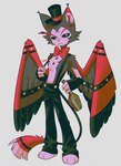 absurd_res anthro bottle clothed clothing container demon domestic_cat enaic31 feathered_wings feathers felid feline felis hat hazbin_hotel headgear headwear hi_res husk_(hazbin_hotel) male mammal solo suspenders tail wings