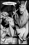 2023 anthro big_ears book canid canine canis ceslaus_(last_fables) clothed clothing comic comic_panel drunk duo english_text eni_siverets_(last_fables) female fur graphic_novel hair hare hi_res lagomorph larger_male last_fables leporid male mammal monochrome rabbit size_difference substance_intoxication tavern text thewyvernsweaver white_body white_fur wolf