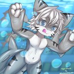 1:1 absurd_res ambiguous_gender anthro blue_eyes bodily_fluids catching changed_(video_game) eyebrows fin fish grey_body hair hi_res latex lonelywolfyboi looking_at_viewer marine multicolored_body pawpads requiem_shark shaded shark shark_tail smile solo stripes the_shark_(changed) tiger_shark tongue tongue_out white_body white_eyebrows white_hair