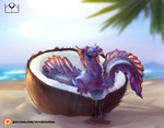 2024 anoroth_(character) beach blurred_background coconut day digital_media_(artwork) dragon drupe_(fruit) errokioslem female feral food front_view fruit hatching hi_res licking mythological_creature mythological_scalie mythology outside plant sand scales scalie self_lick solo text tongue tongue_out url