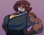 2022 5_fingers anthro bent_arm big_breasts black_sash blue_clothing blue_shirt blue_tank_top blue_topwear breasts brown_body brown_claws brown_eyebrows brown_fur brown_hair brown_lips brown_spots clawed_fingers claws cleavage clothed clothing colored digital_drawing_(artwork) digital_media_(artwork) ear_piercing eyebrow_piercing eyebrows eyelashes eyes_closed facial_piercing fan_character fangs felid feline female fingers fur grey_body grey_fur hair half-length_portrait hands_on_hips hi_res lips mammal medium_hair muscular muscular_anthro muscular_female piercing pink_nose portrait proud purple_background shaded shirt simple_background simple_shading solo spots star_wars tank_top teeth thick_bottom_lip thick_eyebrows togorian toothy_grin topwear volkenfox zahrina_(volkenfox)