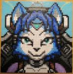 2016 anthro arwing black_nose blue_body blue_fur blue_hair bodysuit canid canine chair clothing cockpit female fox fur furniture hair krystal_(star_fox) mammal nintendo perler_beads photo short_hair skinsuit smile solo star_fox thecynicalcdr tight_clothing white_body white_fur