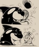 after_kiss anthro bedroom_eyes blush bodily_fluids cetacean clothed clothing comic cute_fangs daftpatriot dizzy dolphin drooling duo eyes_closed fin fin_piercing furgonomics furry-specific_piercing half-closed_eyes hat headgear headwear heart_symbol hi_res human human_on_anthro human_to_anthro interspecies kissing larger_anthro larger_male looking_at_another looking_pleasured male male/male mammal marine monochrome narrowed_eyes oceanic_dolphin orca partially_submerged permanent permanent_transformation piercing saliva saliva_string seductive size_difference smaller_anthro smaller_human smaller_male smile species_transformation steam toothed_whale transformation transformation_through_kiss