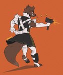 5:6 anthro bottomwear canid canine clothed clothing crossdressing gun hi_res mac-10 maid_uniform male mammal mawkvlt ranged_weapon shooting simple_background skirt solo submachine_gun uniform weapon