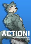 age_restriction anthro back_muscles beastars blue_background blush canid canine canis clothed clothing comic cover cover_art cover_page english_text hi_res kumak71395 legoshi_(beastars) male mammal muscular muscular_anthro muscular_male nipples pecs simple_background solo text topless wolf