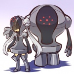 1:1 boots clothed clothing cosplay dress duo female footwear fully_clothed generation_3_pokemon grey_hair hair hitec human legendary_pokemon legwear mammal nintendo not_furry pokemon pokemon_(species) pokemon_trainer registeel shoes standing tan_body tan_skin thigh_boots thigh_highs toony