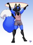 2020 absurd_res anthro arms_above_head black_hair black_sclera blue_body blue_fur bottomwear canid canine clothed clothing desmond_fallout digitigrade fox fur gloves_(marking) hair hi_res hoop imminent_transformation jaeh long_hair male mammal markings shirt shorts smile solo tank_top topwear transformation_ring