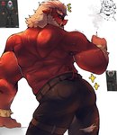 absurd_res anthro beard big_daddy_(zenless_zone_zero) bottomwear butt cigarette clothing digital_drawing_(artwork) digital_media_(artwork) facial_hair hair hi_res makota_toh male mammal mihoyo muscular muscular_anthro muscular_male pants red_body simple_background suid suina sus_(pig) tail tusks white_background wild_boar zenless_zone_zero