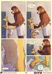 anthro apollo_(dirtypaws) balls bear bird_dog black_lips blonde_hair blue_eyes blush bottomwear brown_bear brown_body brown_eyes brown_fur brown_hair brown_nose bulge butt_outline canid canine canis clothed clothing colors_(dirtypaws) comic dialogue domestic_dog duo english_text feet foot_focus fur genitals hair half-erect hi_res hindpaw humanoid_feet hunting_dog labrador lips locker_room male male/male mammal muscular muscular_male nude nude_male partially_clothed paws penile penis penis_base plantigrade pubes public public_nudity raised_tail retriever shower speech_bubble tail tail_motion tailwag tan_body tan_fur tan_nose text theo_young tongue towel towel_around_waist towel_drop towel_only towel_wrap undressed url ursine