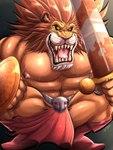 Rating: q
ID: 5620512
Date: 2025-06-04 11:56:04 -0400
Status: active
Score: 6
3:4 abs anthro barazoku bottomwear brown_mane clothed clothing crazydrak crouching fangs felid front_view fur glistening glistening_eyes hi_res holding_melee_weapon holding_object holding_shield holding_sword holding_weapon leo_(red_earth) lion loincloth looking_at_viewer male mammal mane melee_weapon muscular muscular_anthro muscular_male open_mouth orange_body orange_fur pantherine pecs pubes red_bottomwear red_clothing red_earth red_loincloth red_tongue shield simple_background solo sword teeth tongue topless weapon whiskers yellow_eyes post #5620512
