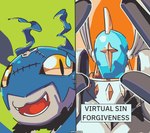 angel armor bandai_namco black_body black_fur demidevimon demon digimon digimon_(species) duo english_text feral fur headgear helmet hi_res humanoid humor male meme notaventura redraw seraphimon text virtual_sin_forgiveness