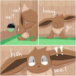 1:1 3_toes absurd_res ambiguous_gender black_nose bodily_fluids border brown_body brown_fur brown_tail canid comic critter_catcher cross-popping_vein dipstick_tail dripping eevee ellipsis english_text exclamation_point eyes_closed feet fence feral fur generation_1_pokemon grass growling hi_res hind_legs hindpaw hole_in_wall mammal markings multicolored_tail nintendo onomatopoeia open_mouth outside pawns paws pink_mouth pink_tongue plant pokemon pokemon_(species) pokemon_speak question_mark raised_tail road shaking solo sound_effects stuck stuck_in_fence surprised_expression sweat sweatdrop sweaty_face tail tail_markings tan_tail tan_tail_tip text through_wall toes tongue trembling two_tone_tail vein white_border wood wood_fence