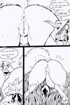 2:3 absurd_res anthro anus bent_over butt canid canine clothed clothing comic dialogue duo fangs female fox fraek genitals grass hi_res horn humanoid male mammal monochrome nude open_mouth orb orc pawpads plant presenting presenting_hindquarters pussy raised_tail speech_bubble tail teeth thick_thighs viktorus wide_hips