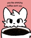 anthro beverage boy_kisser_(meme) boykisser07 coffee coffee_mug domestic_cat felid feline felis fur male mammal meme red_background silly_cat_(mauzymice) simple_background solo text white_body white_fur