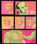 absurd_res balls bodily_fluids comic cum daspurplesong ear_piercing elf genital_fluids genitals green_body green_skin hi_res humanoid humanoid_pointy_ears male male/male muscular muscular_humanoid muscular_male not_furry oral orc pecs penis piercing pointy_ears vein veiny_penis