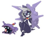 anthro anthrofied armwear big_breasts blue_eyes breasts clothing cloyster collar duo female generation_1_pokemon hi_res horn huge_breasts legwear nintendo pokeball pokeball_collar pokemon pokemon_(species) pokemorph purple_body shell shellder simple_background smile swimwear tongue urusee584 white_background