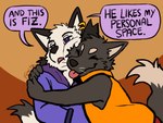 4:3 anthro black_body black_fur canid canine clothed clothing duo ear_piercing english_text eyebrows fiz_(fruitz) fox fruitz fur hoodie hug male mammal piercing rut_(fruitz) tail text tongue tongue_out topwear whiskers