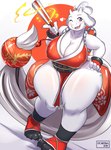 2019 5_fingers anthro big_breasts blush boss_monster_(undertale) bovid breasts caprine cleavage clothed clothing cosplay crossover crossover_cosplay curvy_figure digital_media_(artwork) fatal_fury female fingers folding_fan fur heart_symbol hi_res holding_object huge_breasts looking_at_viewer mai_shiranui mammal mature_anthro mature_female nipple_outline ocaritna one_eye_closed purple_eyes snk solo thick_thighs tongue toriel undertale undertale_(series) voluptuous white_body white_fur wide_hipped_female wide_hips wink