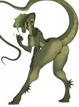 anthro areola biped breasts butt cobra female genitals green_body hi_res looking_at_viewer looking_back nipples non-mammal_breasts pupils pussy reptile scalie silgiriya_mantsugosi snake solo thick_thighs tongue tongue_out