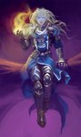 2017 5_fingers armor belt bent_arm blizzard_entertainment blonde_eyebrows blue_clothing blue_eyes blue_sclera book branch chirun circlet closed_smile clothing colored digital_media_(artwork) digital_painting_(artwork) elf eyebrows eyelashes feathers female fingers flowing_hair front_view gem greaves hair hi_res humanoid humanoid_pointy_ears jewelry light lighting lips looking_at_viewer lynnesta_val'kirn magic magic_user mature_female mature_humanoid mouth_closed necklace not_furry on_branch pauldron pink_lips plant purple_background shaded simple_background sitting smile smiling_at_viewer solo tan_body tan_skin tree warcraft