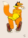 all_fours anthro bartek22 blue_eyes bottomwear bracelet butt canid canine chris_the_fox_(bartek22) clothing ears_up feet foot_fetish foot_focus fox fur hat headgear headwear hi_res humanoid_feet jewelry kneeling looking_at_viewer male mammal necklace orange_body orange_fur pants plantigrade raised_tail shirt solo tail tank_top text tongue tongue_out topwear wearing_hat white_body white_fur yellow_bottomwear yellow_clothing yellow_pants yellow_shirt yellow_tank_top yellow_topwear