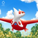 blue_sky brown_eyes cloud detailed_background female feral floral flower flying forest generation_3_pokemon hi_res kemo_leight landscape landscape_background latias legendary_pokemon looking_forward multicolored_body nintendo outside plant pokemon pokemon_(species) red_body red_wings sky smile solo tree two_tone_body white_body wings yellow_flower