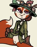 2023 4:5 anthro armor bedroom_eyes bottomless bottomless_anthro bottomless_female canid canine clothed clothing female fox genitals gloves green_clothing green_shirt green_topwear handwear headgear helmet hi_res itsunknownanon looking_at_viewer mammal military_uniform mouritzeen_(lenyavok) narrowed_eyes portrait presenting presenting_pussy pussy seductive shirt solo spread_legs spreading three-quarter_portrait topwear uniform