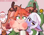 2022 absurd_res antlers areola big_breasts braum_(lol) breasts brown_antlers christmas christmas_clothing christmas_headwear christmas_tree clothed clothing cute_fangs delicioussoup digital_media_(artwork) duo_focus earnest_elf_tristana_(lol) eyebrows female female/female fingers flashing flashing_breasts forced forced_exposure green_eyes group hat headgear headwear hi_res holidays horn human humanoid humanoid_pointy_ears inverted_nipples league_of_legends looking_at_viewer male mammal nipples open_clothing open_shirt open_topwear plant poppy_(lol) puffy_areola riot_games santa_braum_(lol) santa_hat shirt snow_fawn_poppy_(lol) surprised_expression tencent topwear tree tristana_(lol) yordle