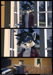 3d_(artwork) alternative_fashion anthro black_hair blue_body blue_fur bottomwear carpet checkered checkered_clothing checkered_shirt checkered_topwear clothing comic comic_panel container denim denim_bottomwear denim_clothing digital_media_(artwork) door emo emo_haircut emo_hairstyle felix_(striped_sins) fur hair hi_res hoodie jeans living_room male mammal messy pants pattern_clothing pattern_shirt pattern_topwear pizza_box procyonid raccoon rug shirt solo striped_sins t-shirt text topwear url willitfit yellow_eyes