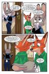 2018 akiric anthro belt bulletproof_vest canid canine clothed clothing comic dialogue dipstick_ears disney doorknob duo ear_markings english_text female fox gloves_(marking) green_eyes inside judy_hopps lagomorph leporid male mammal markings multicolored_ears nick_wilde police police_uniform purple_eyes rabbit red_fox speech_bubble text true_fox uniform wet zootopia