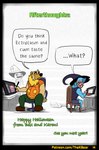 absurd_res anthro bax_(monkeydbax) broom chair cleaning_tool clothing comic computer costume dialogue drawing_in_a_drawing drawing_tablet electronics english_text furniture halloween halloween_costume hi_res holiday_message holidays jack-o'-lantern karou_(thekbear) laptop male male_anthro on_chair simple_background sitting sitting_on_chair size_difference text thekinkybear white_background